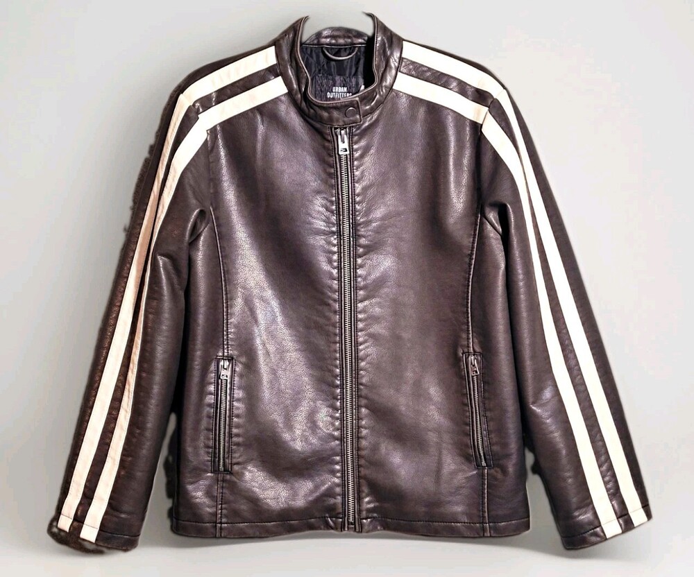 URBAN OUTFITTERS Morgan Faux Leather Stripe Moto Jacket Brown Womens XS Boxy Fit
